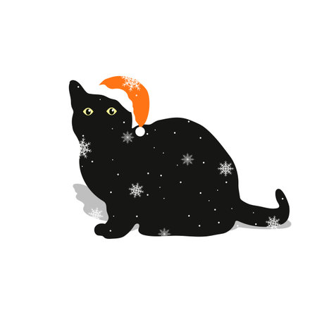A black cat in a red hat sitting on white winter background with snowflakes.のイラスト素材