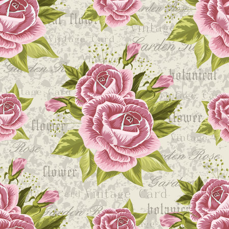Seamless floral pattern with pink roses on vintage postcard background. Vector illustration.のイラスト素材