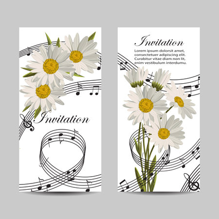 Set of vertical banners. Beautiful daisies and music notes on white background. Vector illustration.のイラスト素材