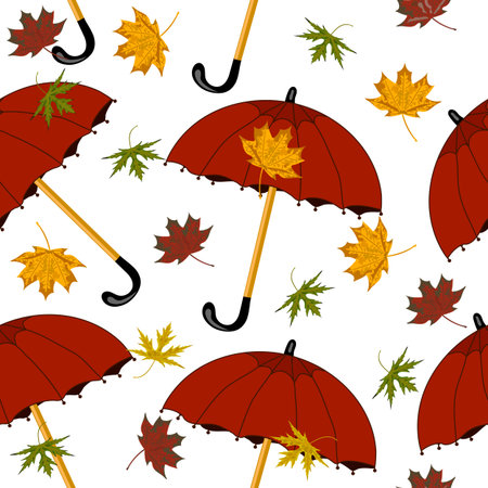 Autumn seamless pattern with umbrellas and falling maple leaves.のイラスト素材