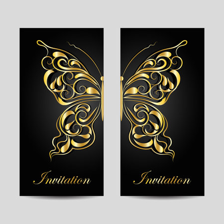 Set of vertical banners. Gold butterfly with swirl pattern on dark background.のイラスト素材