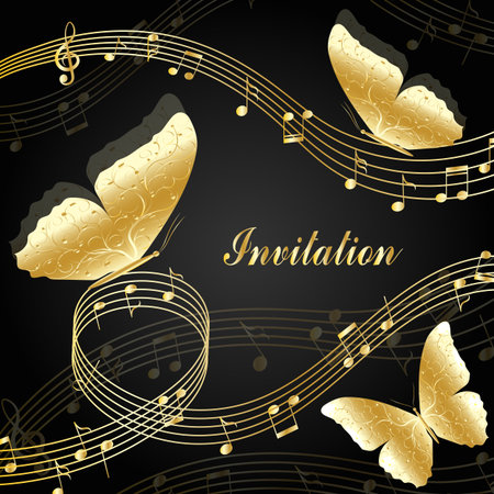 Musical design elements with treble clef, notes and butterflies. Vector Illustration isolated on black background.のイラスト素材