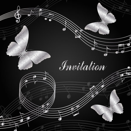 Musical design elements with treble clef, notes and butterflies. Vector Illustration on black background.のイラスト素材