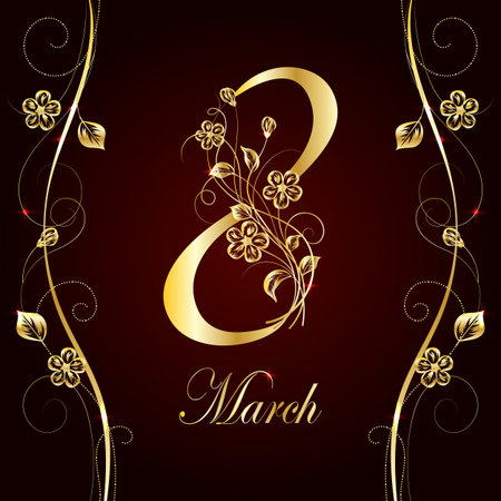 8 March lettering greeting card decorated with beautiful gold flowers on dark background.のイラスト素材