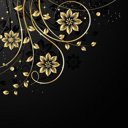 Gold flower pattern with shadow on dark background. Vector illustration.のイラスト素材