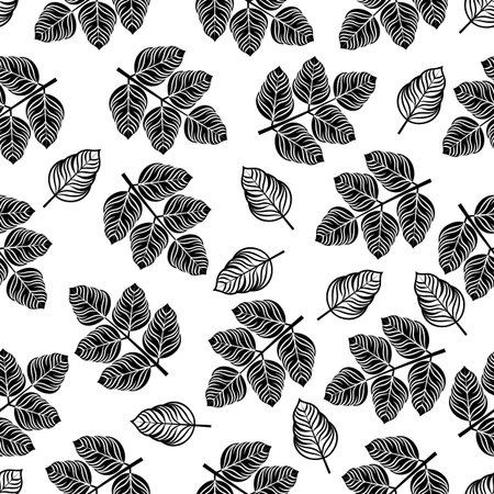Seamless pattern with black leaves. Vector illustration on white background.のイラスト素材