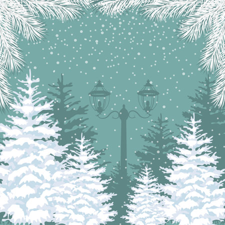 Vector winter background. Snowfall, fir trees and lanterns. Outside park landscapeのイラスト素材