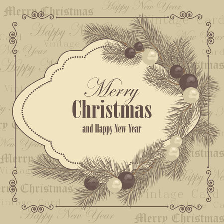 Merry Christmas and New year greeting card with tree branches decorated with balls in vintage styleのイラスト素材