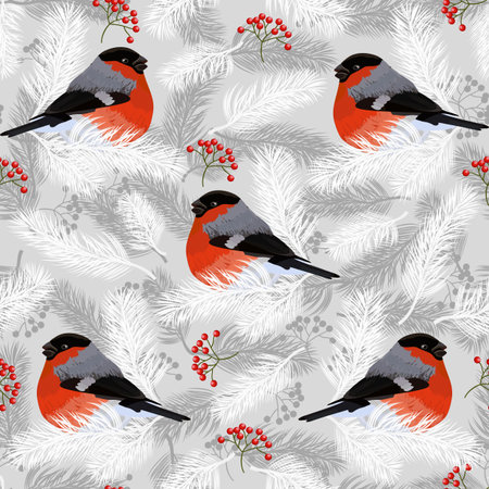Seamless pattern with bullfinches, rowan berries and fir branches. Vector illustrationのイラスト素材