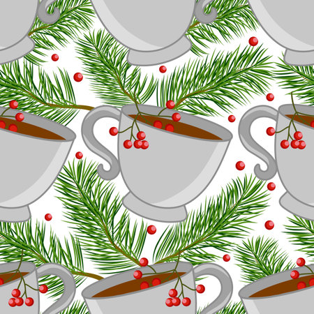 Seamless pattern with cups of tea and pine branches and red rowan.のイラスト素材