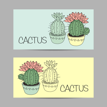 Set of horizontal banners with cactus and succulents in the pots. Hand drawn background. Vector illustrationのイラスト素材
