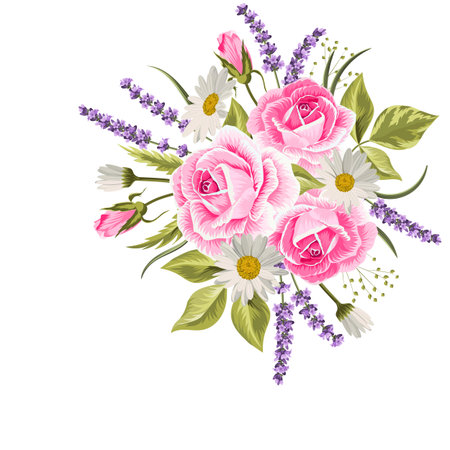 Beautiful pink roses and lavender flowers on white background. Vector illustrationのイラスト素材