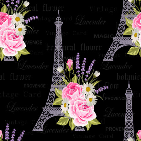 Seamless floral pattern with Eiffel towers on vintage postcard background. Vector illustrationのイラスト素材