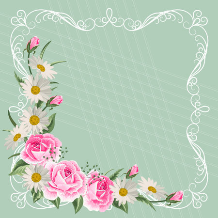 Beautiful vintage frame with flowers on green pastel background.のイラスト素材