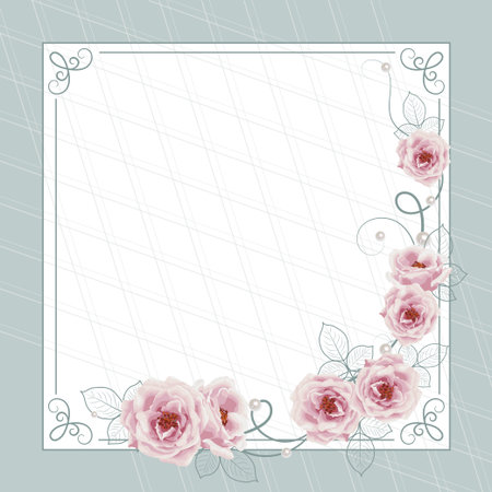 Beautiful square frame with roses on blue background for greeting card or invitation designのイラスト素材