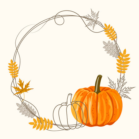 Round frame with pumpkins and leaves. Vector autumn backgroundのイラスト素材
