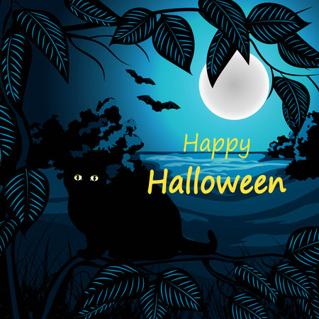 Happy Halloween vector illustration with black cat, tree and bats.のイラスト素材