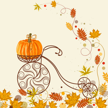 Autumn background with vintage bicycle, pumpkin and colorful leavesのイラスト素材