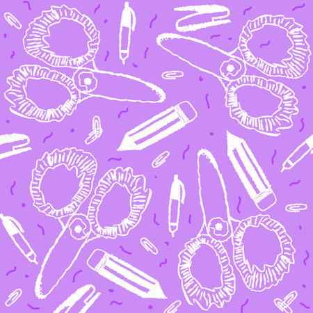 A delightful pattern of hand-drawn school supplies in a charming white linework style against a vibrant purple background. Perfect for conveying themes of education, creativity, leのイラスト素材