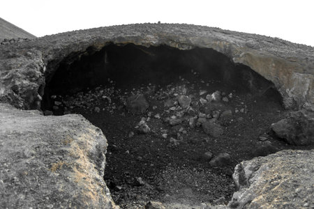 volcanic crater of lava rock in Fuerteventura desert, Canary Islands, Spainの写真素材