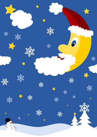 Christmas night with snowman and moonのイラスト素材