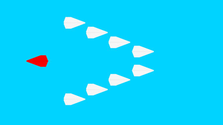 Red paper plane on blue background. left his own company. Raster.