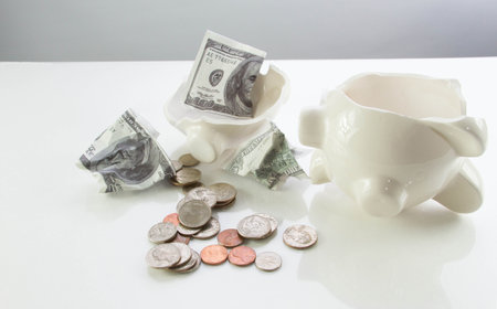 Broken piggy bank with moneyの写真素材