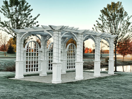 white trellis on a cold, frosty morningの写真素材