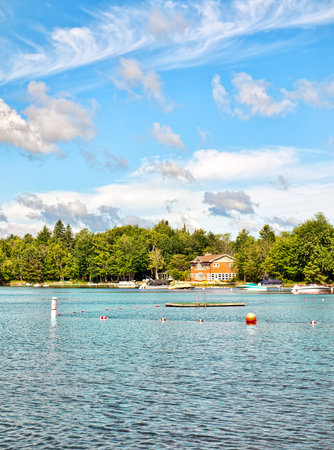 Lake Pleasant in Speculator, New York in early autumnの写真素材