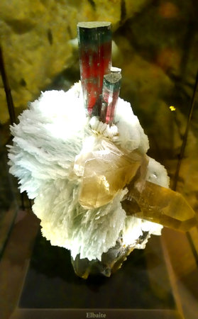 Washington, DC, USA. The Smithsonian Museum of Natural History. March 10, 2015.  Elbaite with quartz, albite, and microcline on display in the gems and minerals exhibitのeditorial素材