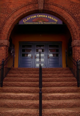 Clayton, New York, USA. March 29, 2017 . Steps to the entrance of the Clayton Opera House in downtown Clayton, New York, a small village on the shores of the Saint Lawrence Riverのeditorial素材