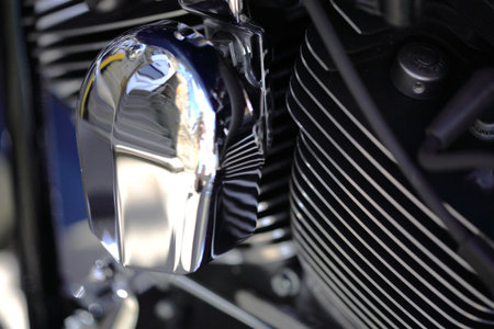 close shot of the chrome engine on a shiny motorcycleの写真素材