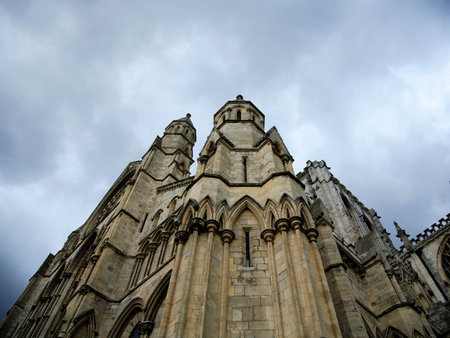 Architectural detail of York Minster York England against a grey skyの写真素材
