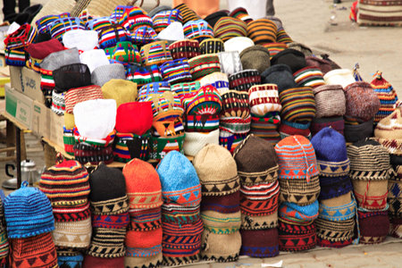 Colourful fez market stall in the Marrakech soukの写真素材