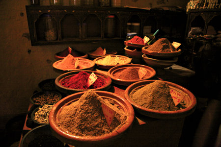 Traditional spice shop in Moroccan Medinaの写真素材