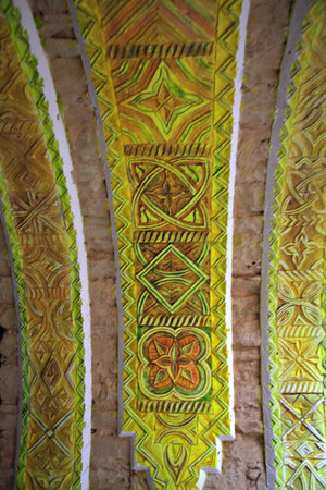 Decorative wall carvings in the Medina Moroccoの写真素材