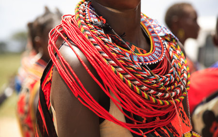 African jewellery on a woman from the Samburu tribe Kenya Africaの写真素材