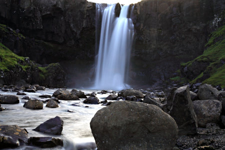 Icelandic waterfall near Seioisfjordurの写真素材