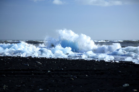 Icebergs on the black volcanic beach Iceland