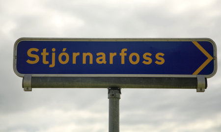 Stjornarfoss waterfall sign Icelandの写真素材