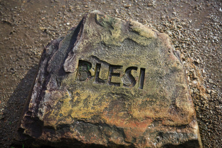 Blesi geysir signpost carved into a rockの写真素材
