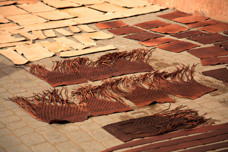 Leather drying on the floor in the souk in Marrakech Morocco