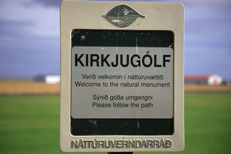 Signpost for Kirkjugolf the hexagonal basalt columns Icelandの写真素材