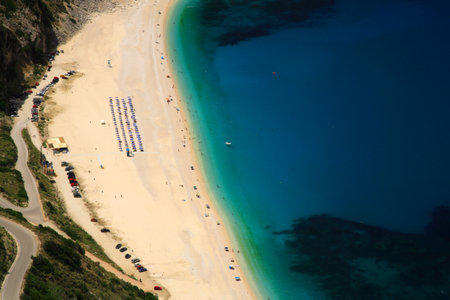 Looking down onto Myrtos beach Kefalonia Greeceの写真素材
