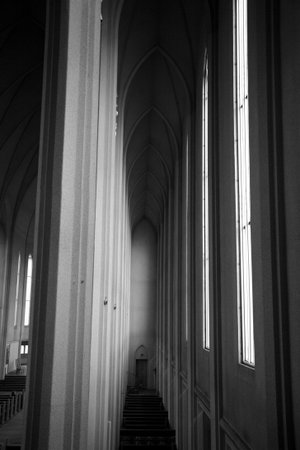 Arches inside of Hallgrimskirkja church Reykjavik Icelandの写真素材