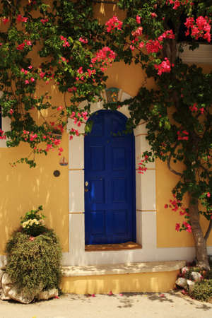 Bougainvillea growing around the door Kefalonia Greeceの写真素材