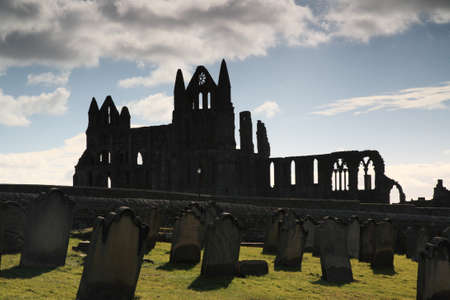 Silhouette of the ruins of Whitby Abbey North Yorkshireの写真素材