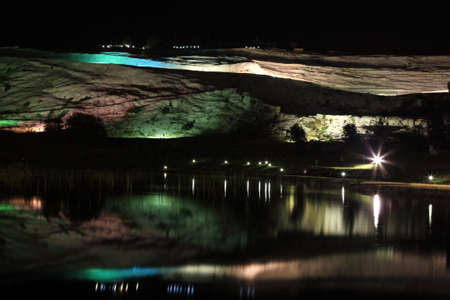 Pamukkale lit up at night with different coloured lights, Turkey
の写真素材
