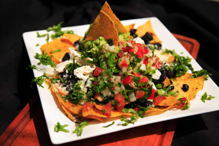 Nachos covered in chicken & cheese, shot with a shallow depth of fieldの写真素材