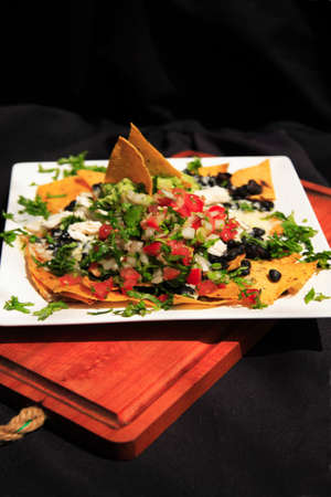 Chicken and cheese Nachos on a white plateの写真素材